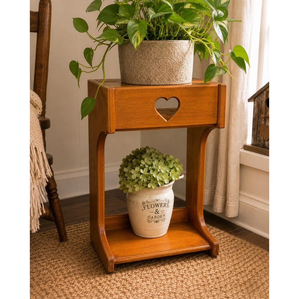 VTG Wooden Heart Cut Out Shelf Plant Stand Rustic Farmhouse Indoor Flower Stand